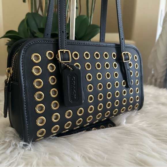 Coach Black and Gold Eyelet Shoulder Bag Small Grommet Detail Leather Swing Bag - Picture 1 of 14